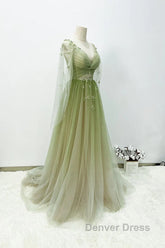 A-Line Green Gradient Tulle Long Sleeves Party Dresses, V-Neckline Green Formal Dresses Prom Dresses
